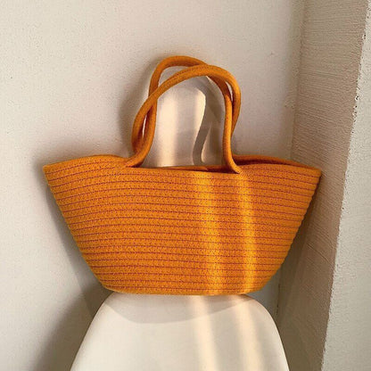 Straw Bag Women Cotton Rope Handbags Girls Open Weave Beach Totes Bags