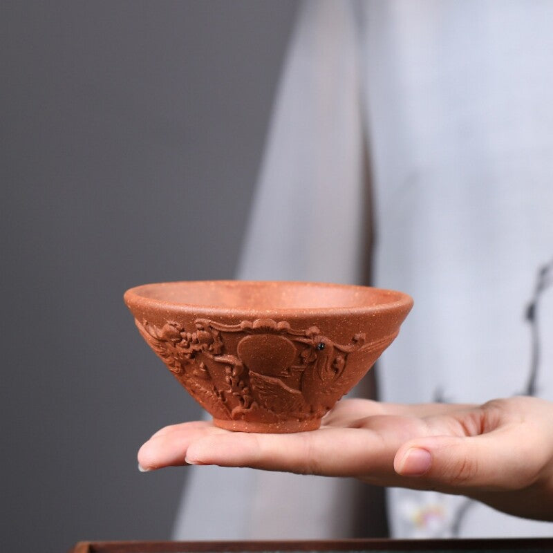Handmade Tea Cup Phoenix Carved Relief Master Cup Real Yixing Zisha Clay 100ml