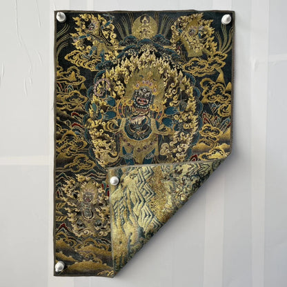 35" Tibetan Buddhism Embroidery Black Jambhala Six Arm Mahakala Buddha Thangka