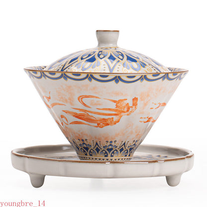 Jingdezhen Ceramics Rubbing Dunhuang Tureen Tea Set Bamboo Hat Horseshoe Gaiwan
