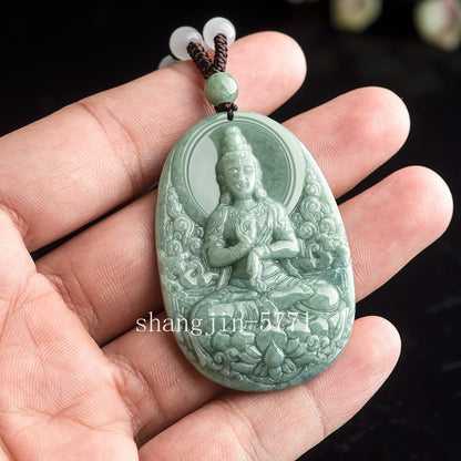 Jade Baolian Guanyin Buddha Statue Pendant Hand-Carved Necklace for Women Men