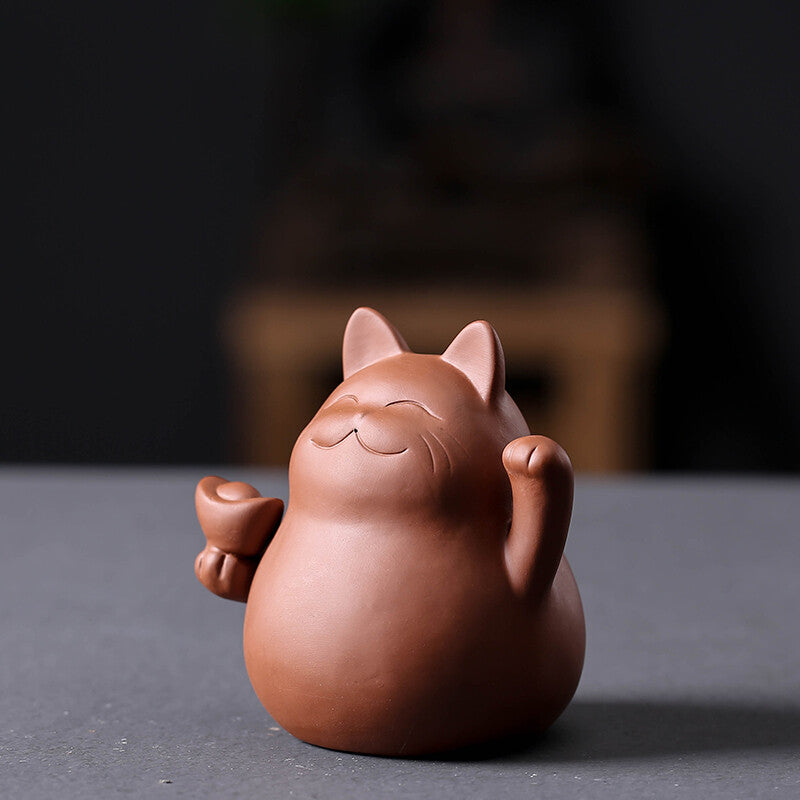 8.9cm Chinese Yixing Creative Handmade Purple Clay Cat Home Decoration Tea Pet
