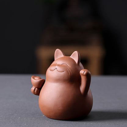 8.9cm Chinese Yixing Creative Handmade Purple Clay Cat Home Decoration Tea Pet