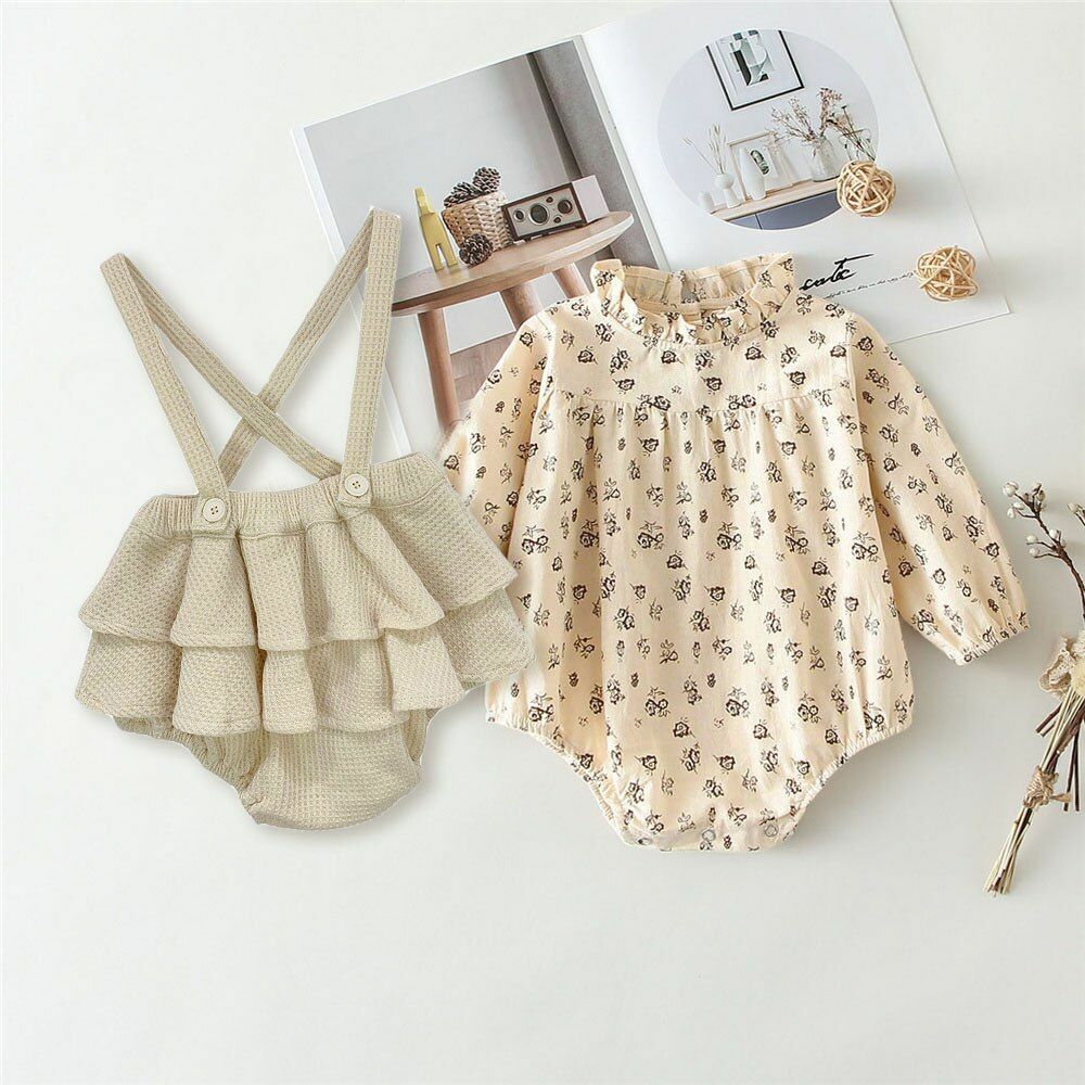 Baby Girls Clothes Set 2Pcs Vintage Cotton Floral Blouse Shirts Rompers Newborn