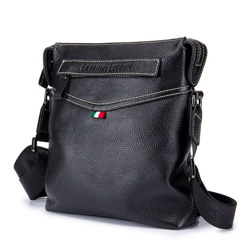 100% Genuine Leather Men's Sling Shoulder Bag Black Litchi Leather Crossbody Bag