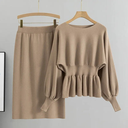 2 Two Piece Set Women Lantern Long Sleeves Crop Tops Sweater Sexy Skirts Sets
