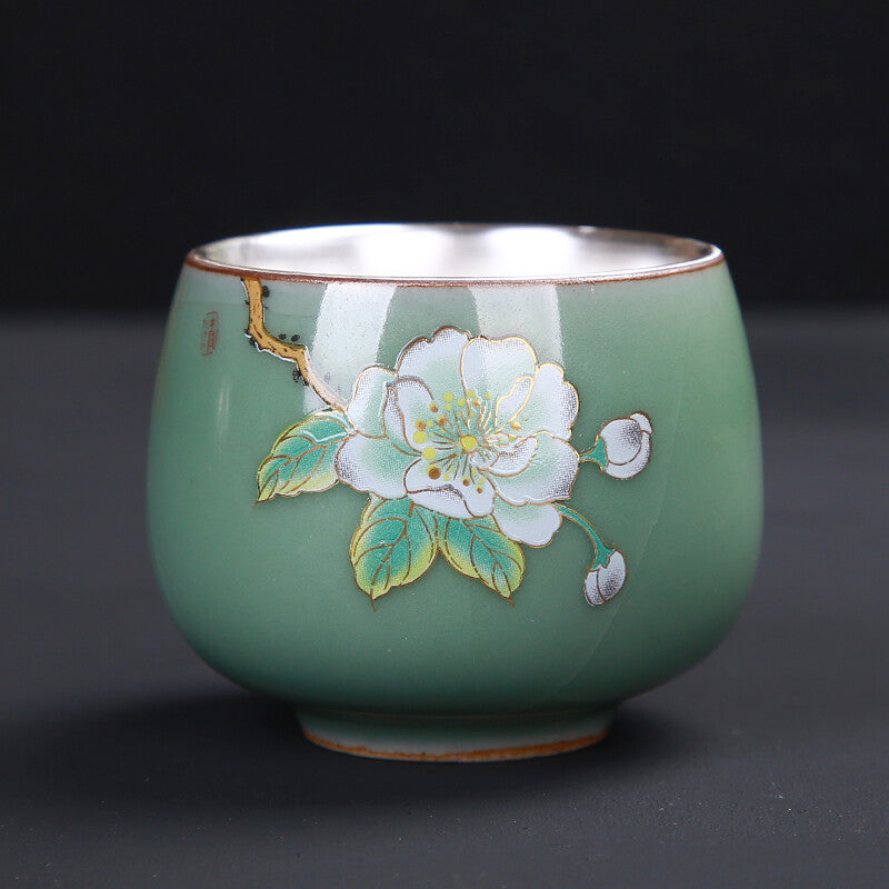 70ml Porcelain Glaze Silver Tea Cup Floral Painted Glaze Under Cups Tea Set