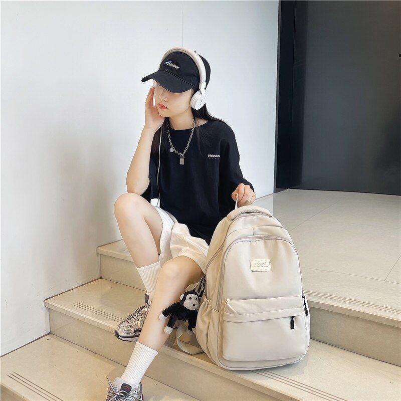 Fashion Nylon Backpack Book Bag Solid Color Big Schoolbag Laptop Backpack Green