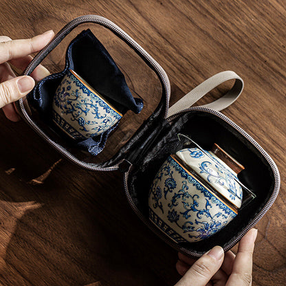 Portable Tea Set Travelling Bag Blue-and-white Porcelain Tea Cup Glass Pot Lid
