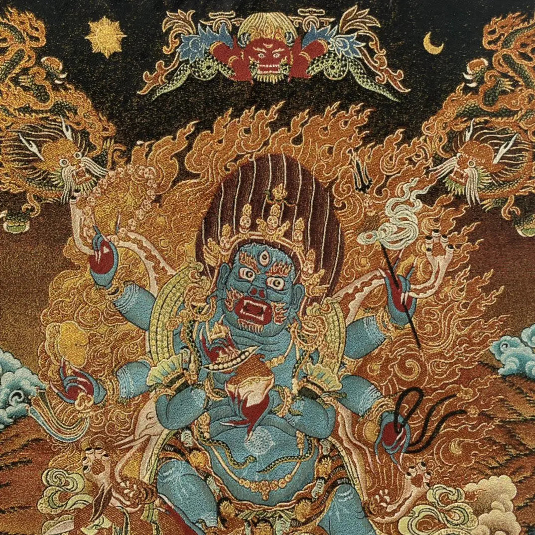 Embroidery Tibetan Buddhism Six Arm Mahakala Thangka hanging screen Worship Hall