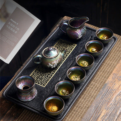 Tianmu Glaze Tea Set Kiln Change Complete Tea Set Silver Relief Chinese Pot Cups