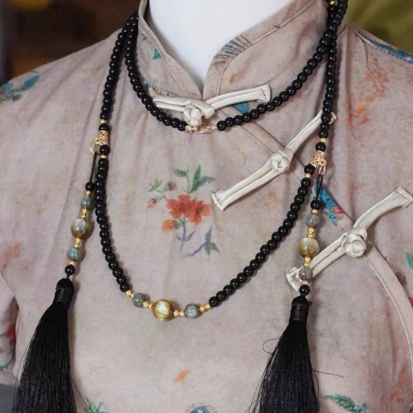 New Chinese Hanfu Crossbody Chain Long Tassel Liuli Beaded Necklace Ethnic Style