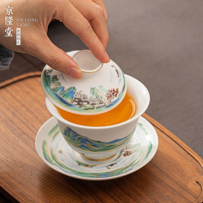 Dehua White Porcelain Qianli Jiangshan Gaiwan 150ml Handmade Kung Fu Tea Cup