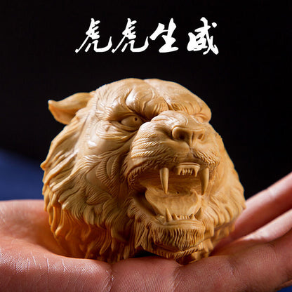 WOODEN BOXWOOD HANDMADE TIGER HEAD STATUE NETSUKE COLLECTION HAND PIECE