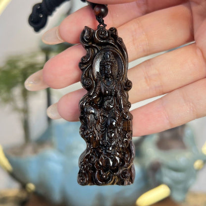 Papua Rosewood Carved Guanyin Pendant Lotus Buddha Wood Amulet Vintage Ornament