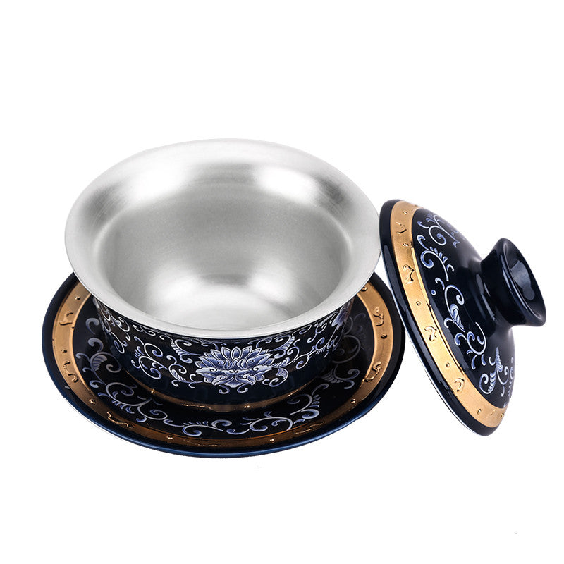 140ml Tradition Silver Gaiwan Chinese Black Tea Cup Covered Bowl Tea Set Tureen