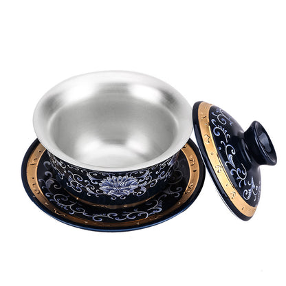 140ml Tradition Silver Gaiwan Chinese Black Tea Cup Covered Bowl Tea Set Tureen