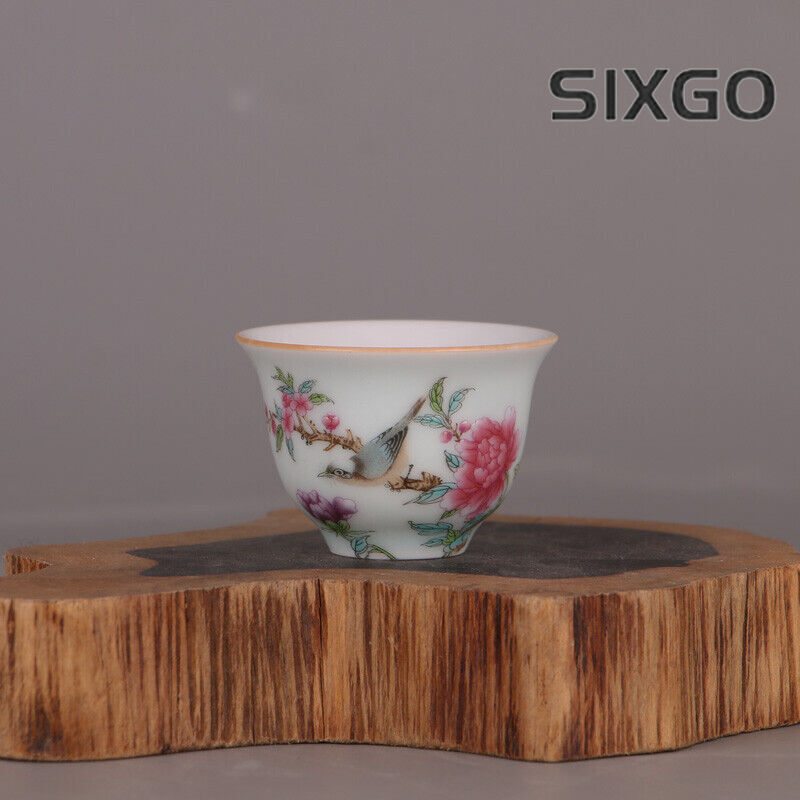 2.4" Chinese Qing Doucai Contrasting Colors Porcelain Branch Aniaml Bird Cup