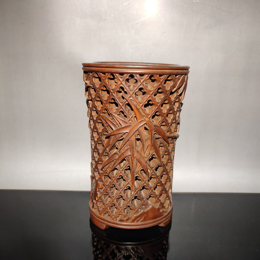 chinese bamboo carving antique carved brush pot pen case wood statue bamboo leaf