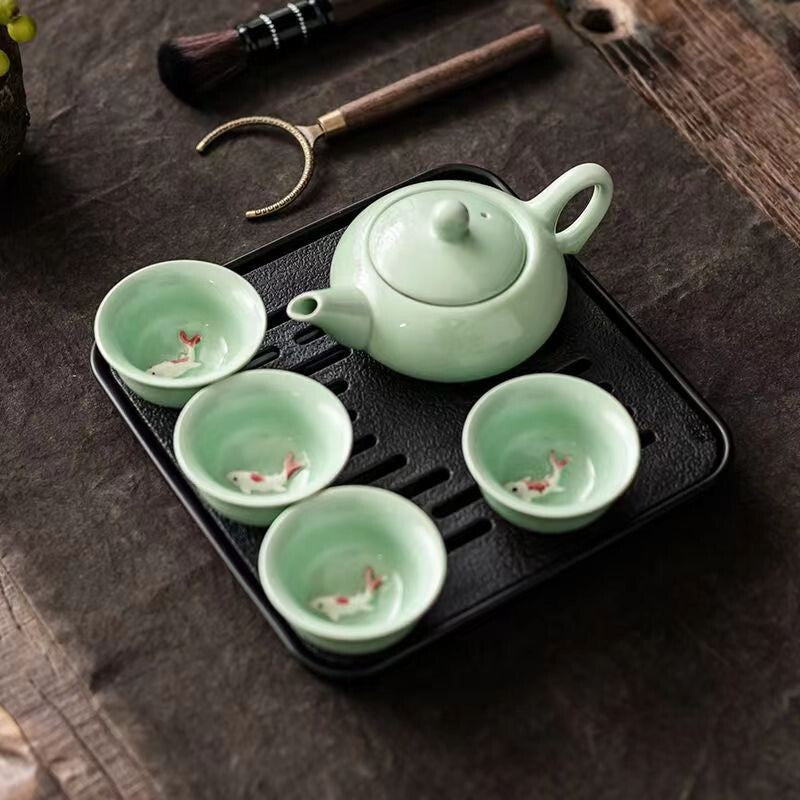 New Set Chinese Celadon Porcelain Teapot With Fish Tea Cup