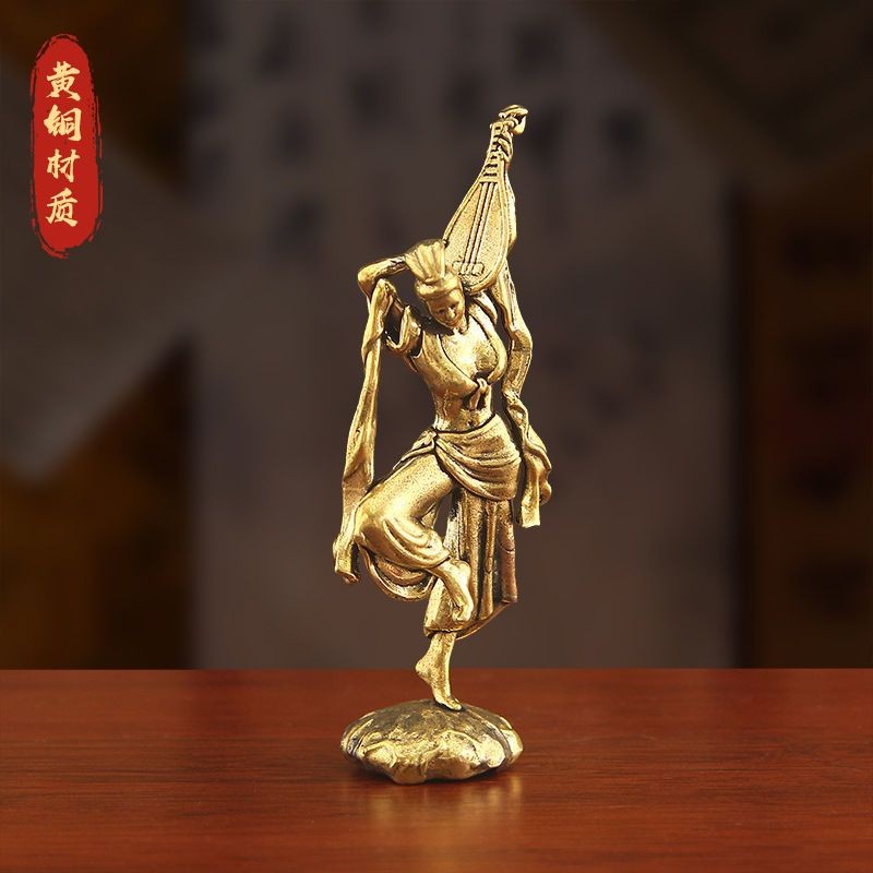 Brass Pipa Fairy Statue 9.7cm Flying Goddess Ornament Retro Copper Craft Gift