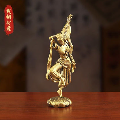 Brass Pipa Fairy Statue 9.7cm Flying Goddess Ornament Retro Copper Craft Gift