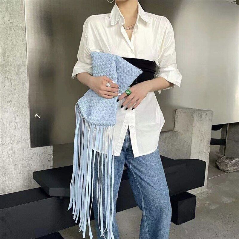 Tassel Clucth Bags Women Leather Woven Lady Handbags Bag Large Party Female