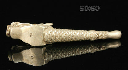 China Collectible Hand-carved Dragon Head Retro Tibetan Silver Pipe