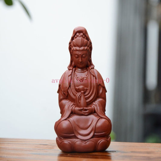 9.8cm Yixing Purple Clay Handcarved Guanyin Buddha Statue Tea Pet Ornament
