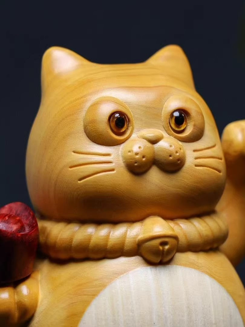 Boxwood Cat Statue Lucky Ingot Money Figure Handcraft Feng Shui Table Decor
