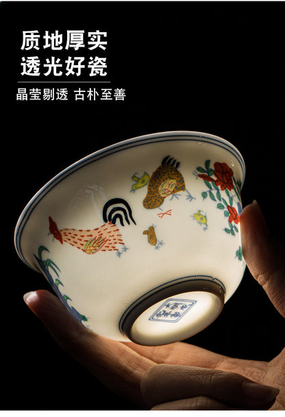 Chinese Doucai Porcelain Ming Chenghua Chicken Design Covered Cup Teacup
