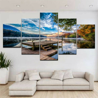 5pcs HD inkjet canvas painting wooden bridge sunset lake water sky No Framed