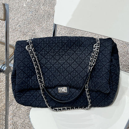 Large Quilted Denim Shoulder Bag Flap Purse Double Chains Hobo Fashion Tote