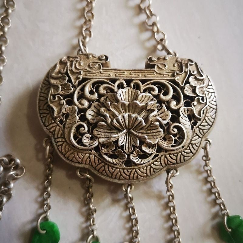 Vintage Hollow Silver Lock Pendant Wealth Pattern Double Sided Antique Jewelry