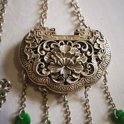 Vintage Hollow Silver Lock Pendant Wealth Pattern Double Sided Antique Jewelry