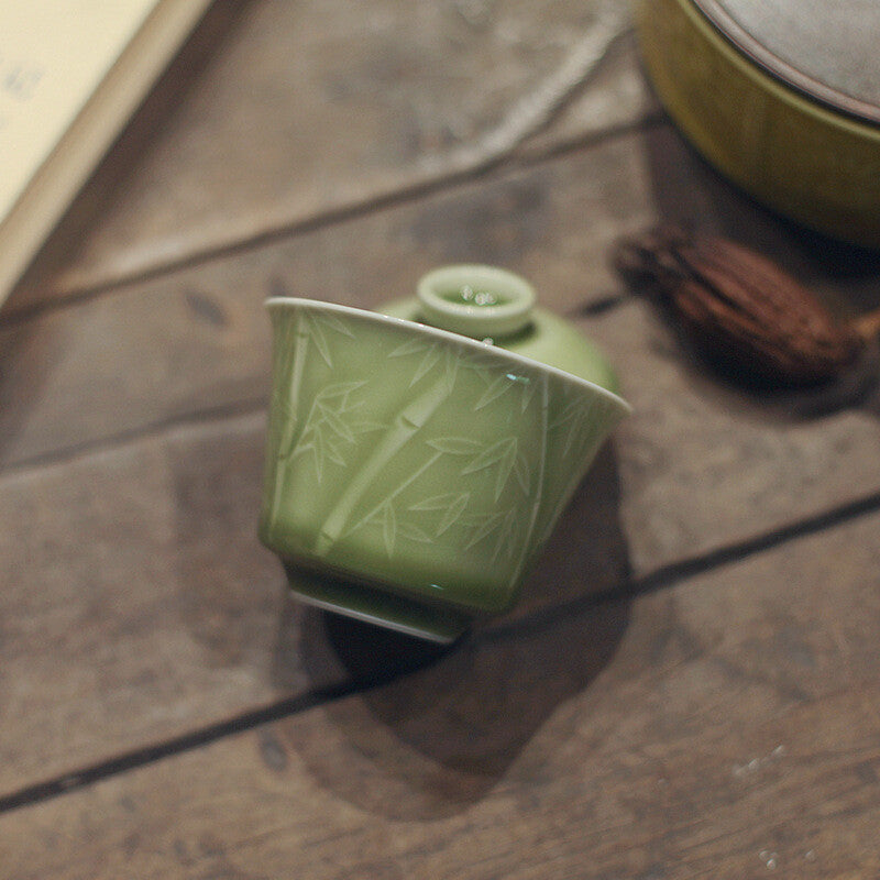Boutique Handmade Gaiwan Porcelain Tea Cup Bamboo Relief Celadon Tureen 100ml