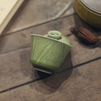 Boutique Handmade Gaiwan Porcelain Tea Cup Bamboo Relief Celadon Tureen 100ml