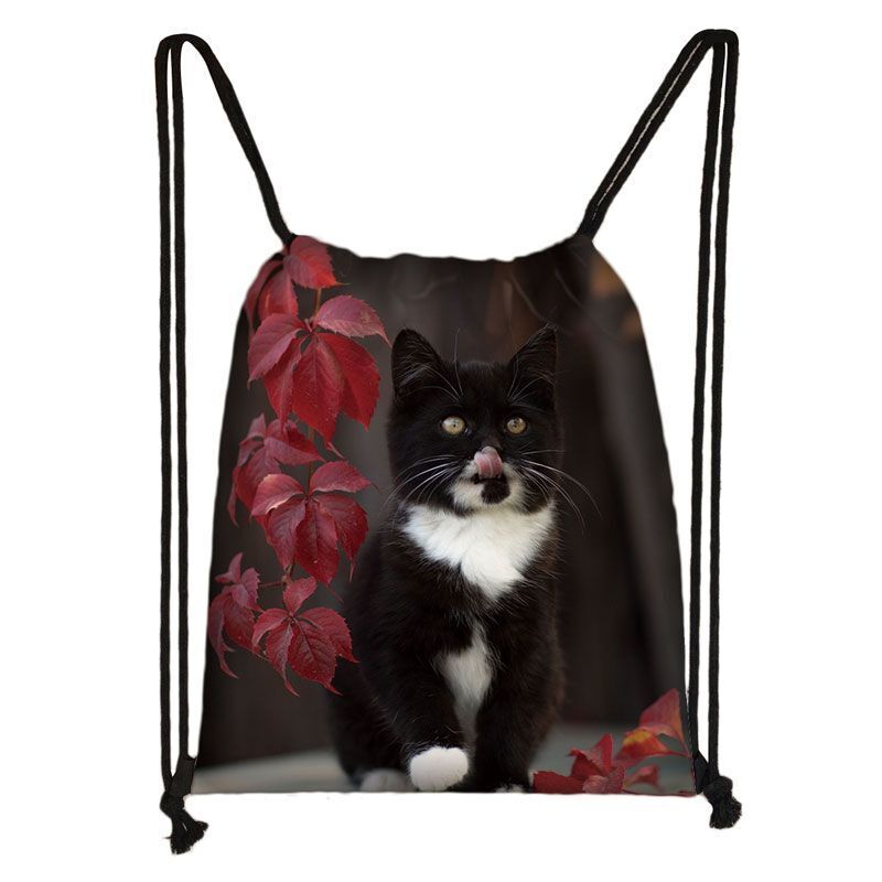Black Cat Drawstring Bag Women Shopping Purse Canvas Travelling Bag Backpack 1PC