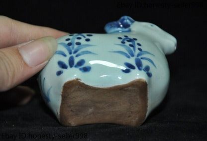 3.2'' Antique Blue White Porcelain Wealth Lucky Zodiac Sheep Goat Statue Crafts