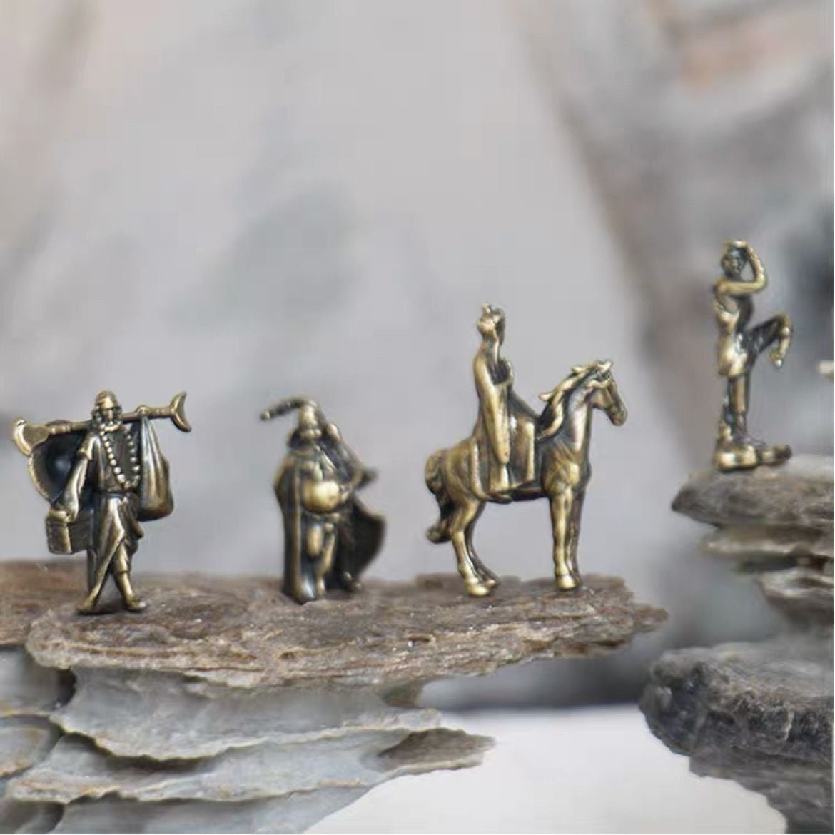 Brass Journey to the West Figurine 4Pcs Tang Monk Tea Pet Desktop Ornament