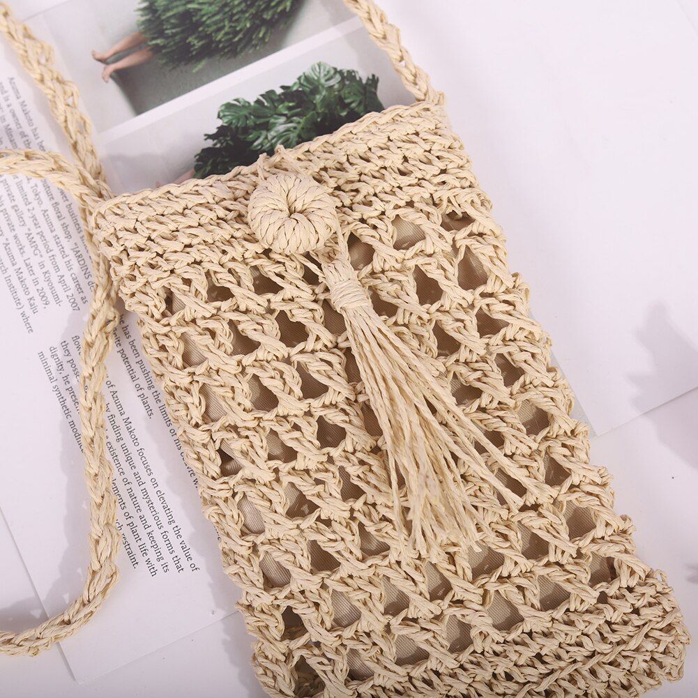 Handmade Rattan Woven Handbag Straw Knitted Messenger Bag Beach Purse 20*12 CM