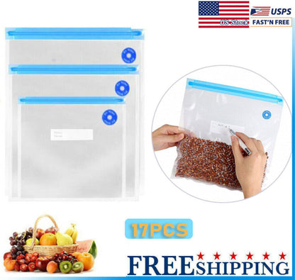 17pcs/set Reusable Vacuum Bag Food Saver Sealer Ziplock Storage Seal Pouch Bags