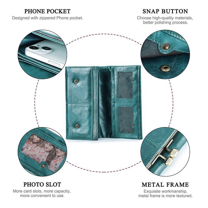 Wallet Metal Frame Genuine Leather Purse Hasp Zipper Coin Pocket Card Holder Bag