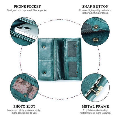 Wallet Metal Frame Genuine Leather Purse Hasp Zipper Coin Pocket Card Holder Bag