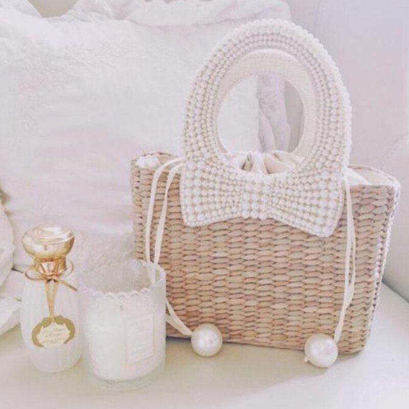 Pearl Straw Bag Fashionable Shoulder Bag Seaside Vacation Handbag Polyester 1 PC