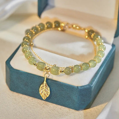 18K Gold Hetian Jade Leaf Bracelet Natural Gold Branch Jade Women Leaf Gift