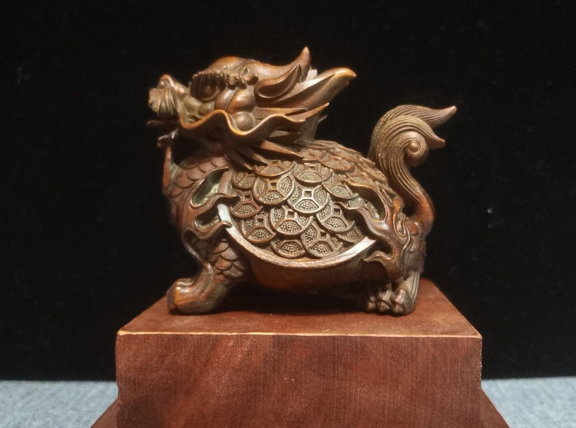 Rare art Boxwood fortune DRAGON tortoise turtle Statue tea pet netsuke chinese