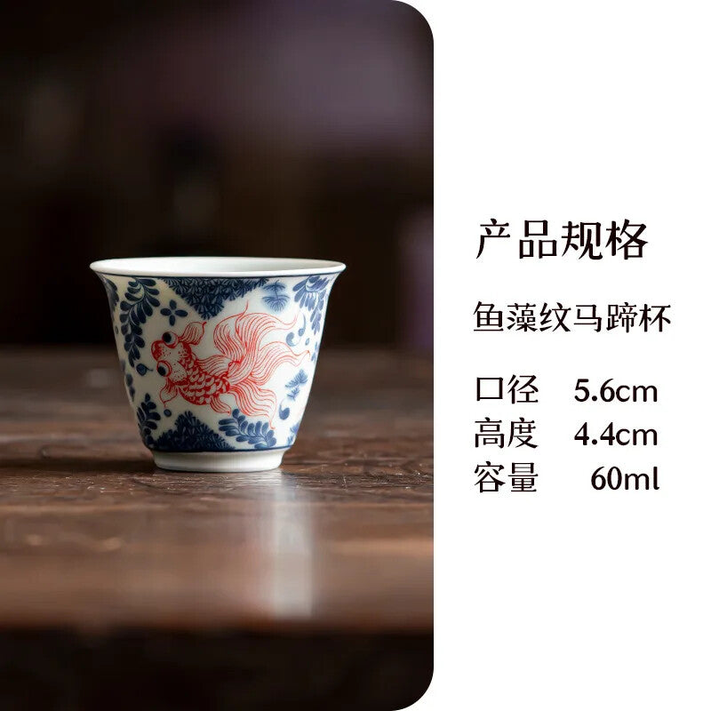 Blue and White Master Cups Underglazed Hand Painted Red Fish Lotus Teacup