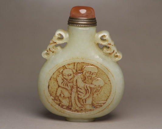 Collector Chinese Hetian Jade Snuff Bottles Carved Figure Story Statue Figurines