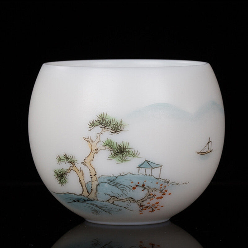 Mutton Fat Jade Porcelain Cup 150ml Handpainted Master Tea Cup Under Glaze Lotus